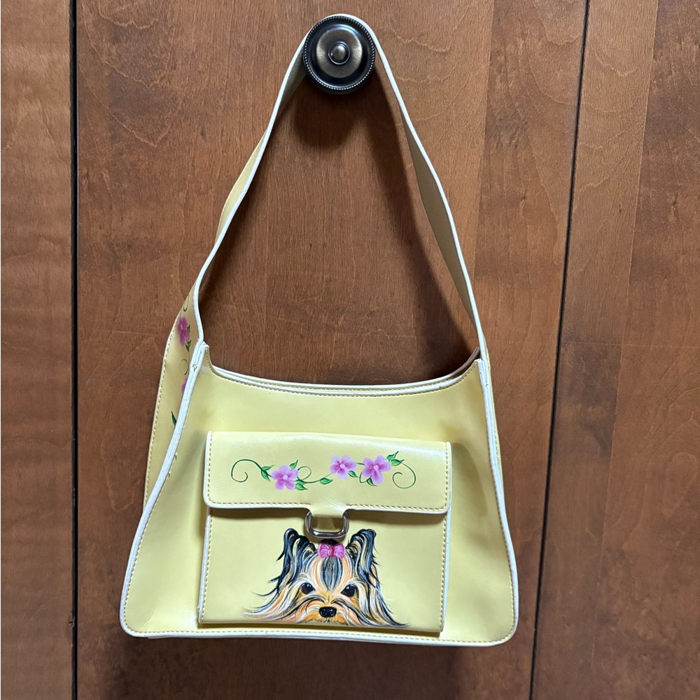 Charming Yellow Floral Yorkie Handpainted Shoulder Bag